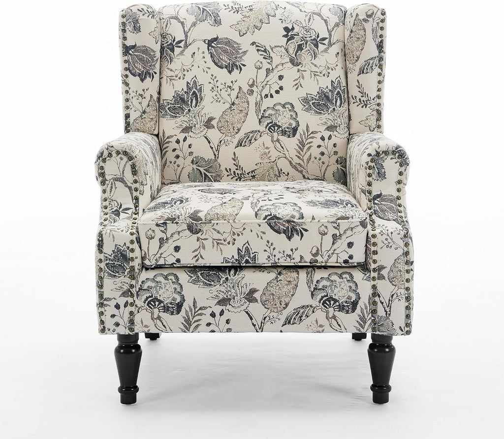 Floral High Back Accent Chairs Set of 2, Wingback Armchair in Fabric | Printed Upholstered Reading Seat with