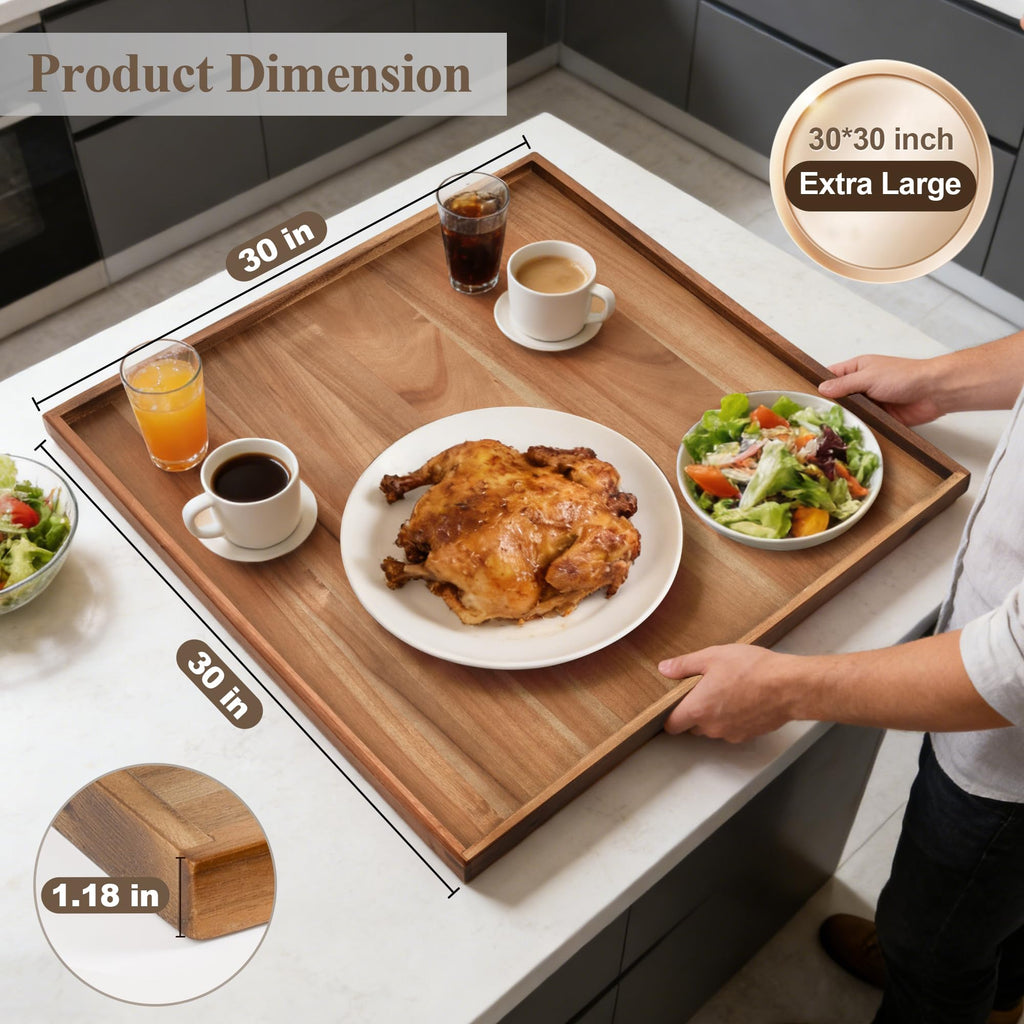 Extra Large Ottoman Tray, Oversized Acacia Wood Serving Tray for Coffee Table, Food, Snacks, Drinks, Decorative Tray