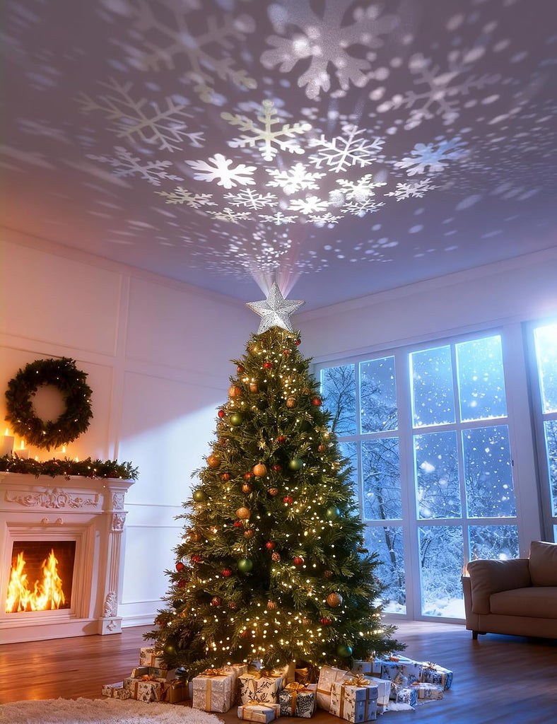 Christmas Tree Topper Lighted Star [Silver],3D Hollow Sparkling Star Christmas Tree Topper with Rotating Magic Cool