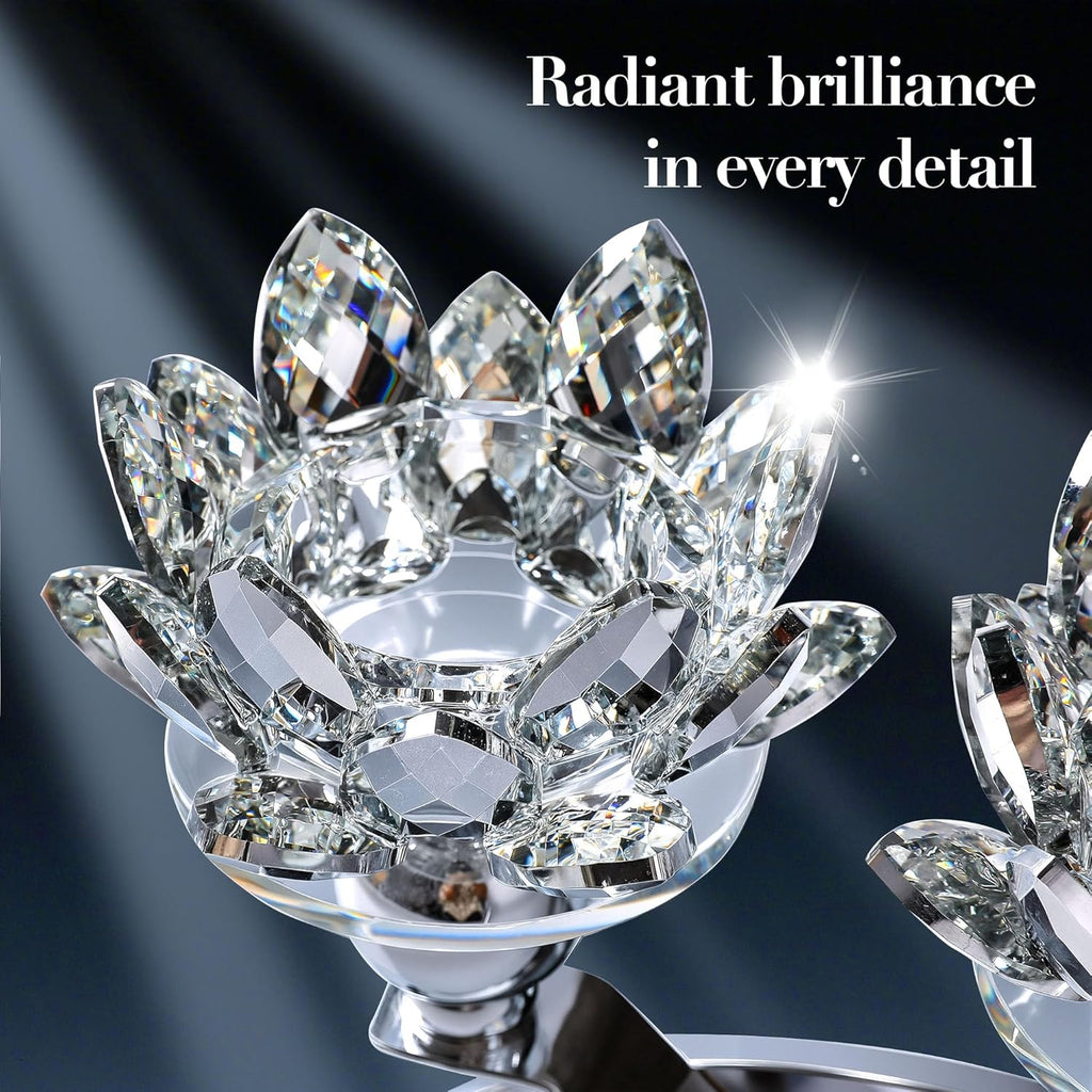 Crystal Candle Holder, 5.6" Tall Silver Centerpieces for Tables, 3-Arm Lotus Candelabra, Home Decor, Coffee Table and