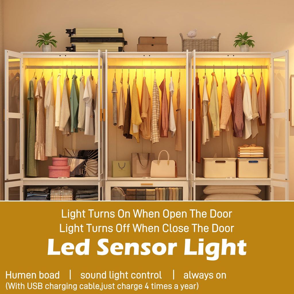 6 Doors Armoire Wardrobe Closet with LED and Mirror, 71" H Freestanding Wooden Wardrobe Closet Cabinet w 2