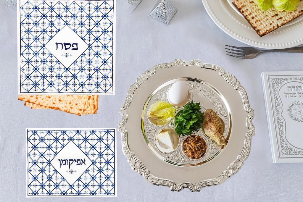 Embroidered Passover Matzah Cover for Passover, Argyle Blue Design