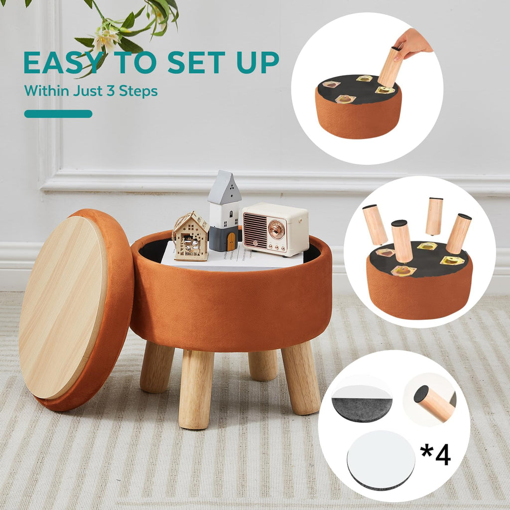 Small Foot Stool Ottoman with Storage, Velvet Ottoman Foot Rest for Couch, Round Footstool with Storage, Small