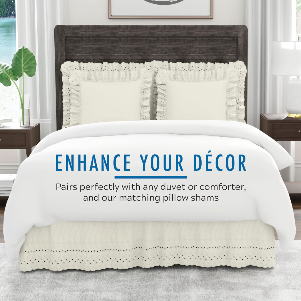 Eyelet Bed Skirt, Ruffled Design, 14 Inch Drop, Embroidered Scalloped Edge, Ivory