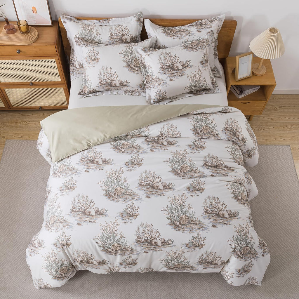 Luxury Coastal Cotton Duvet Cover Set Coastal Coral Seashell Toile Print Hotel-Quality Bedding Set 3-Piece