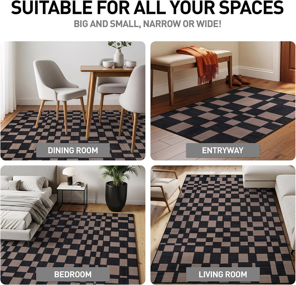 Checkered Machine Washable Non-Slip Area Rug, Dark Gray/Taupe