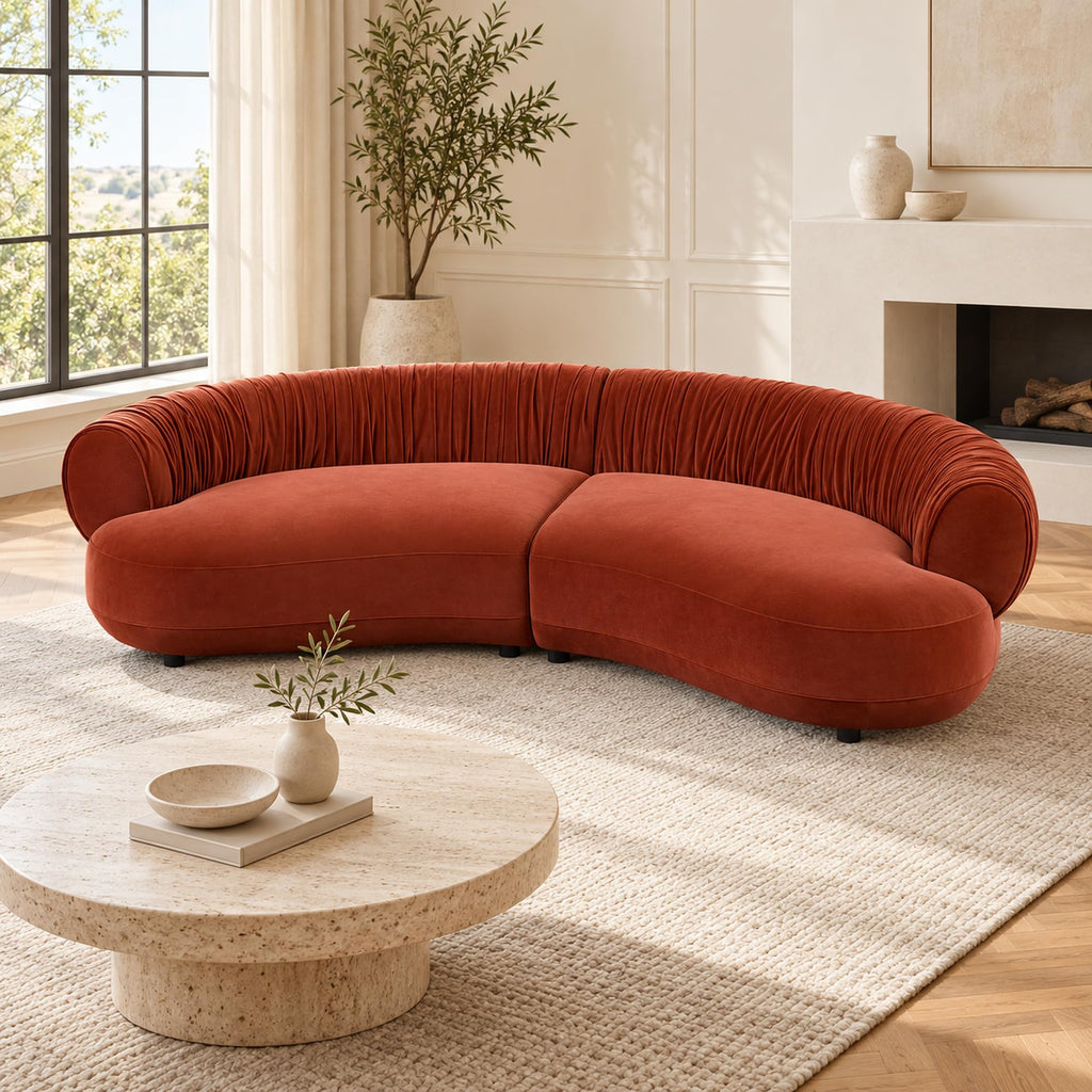 102.36" Curved Sectional, Orange Red Velvet 4-Seat Couch