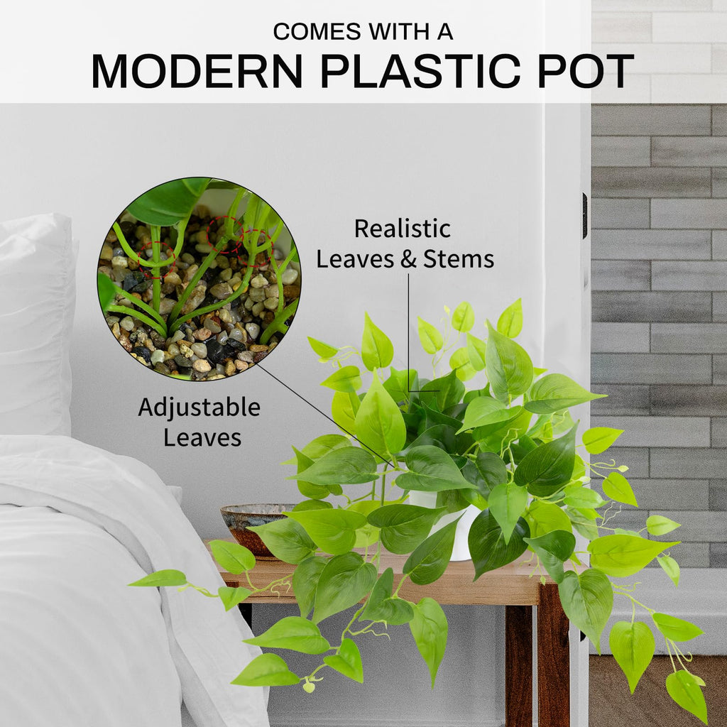 Artificial Plants Fake Pothos in White Pot, Realistic Fake Scindapsus Aureus, Faux Potted Greenery Desk Shelf