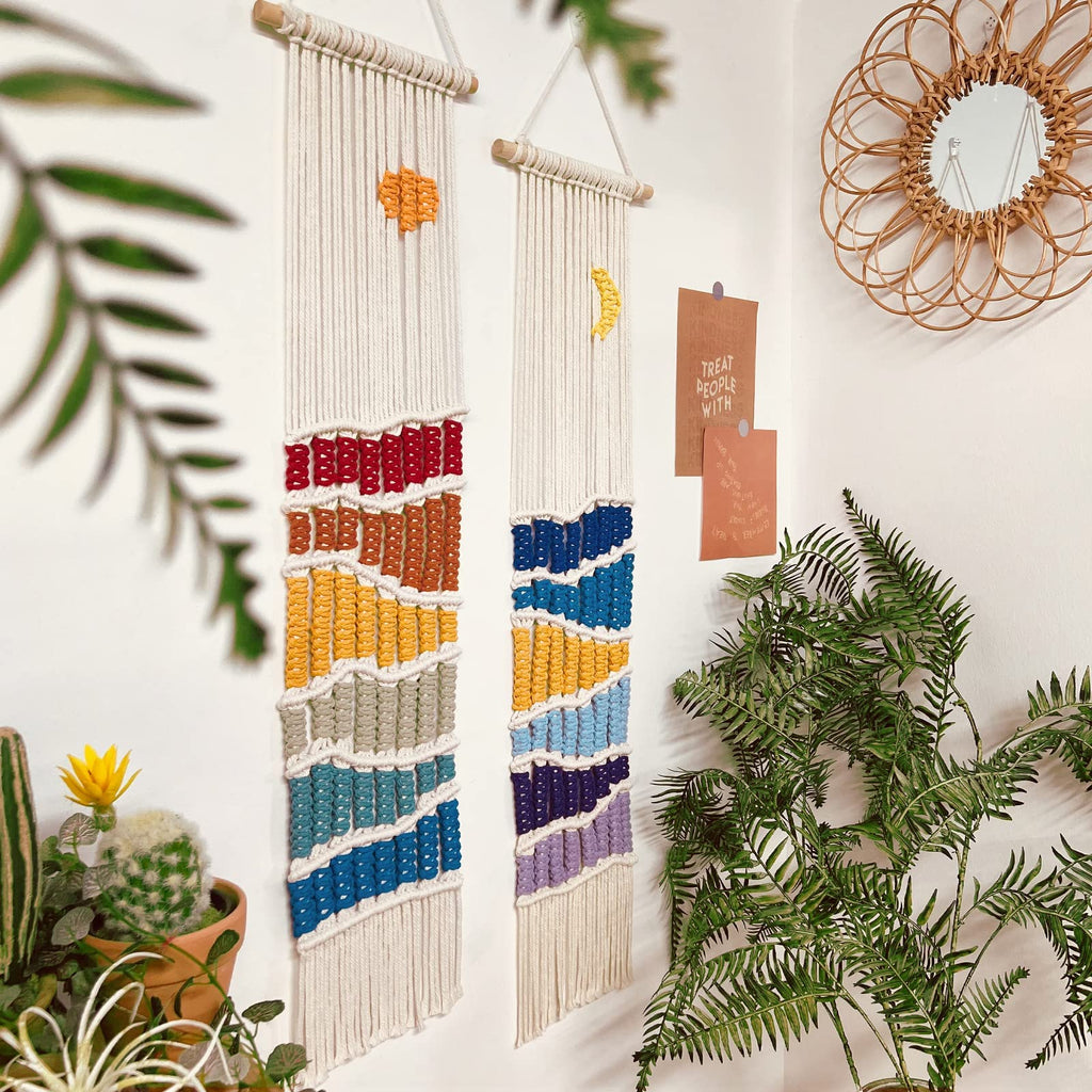Boho Macrame Wall Hanging Decor Set, 2PCS Sun&Moon Tapestry with Tassel