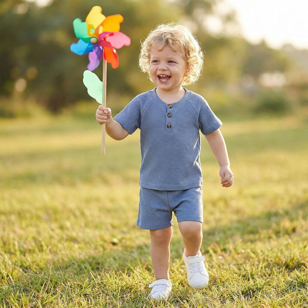 Toddler Baby Boy Summer Clothes Button Waffle Short Sleeve T-Shirt Top Elastic Waist Shorts Set 2Pcs Infant Outfit