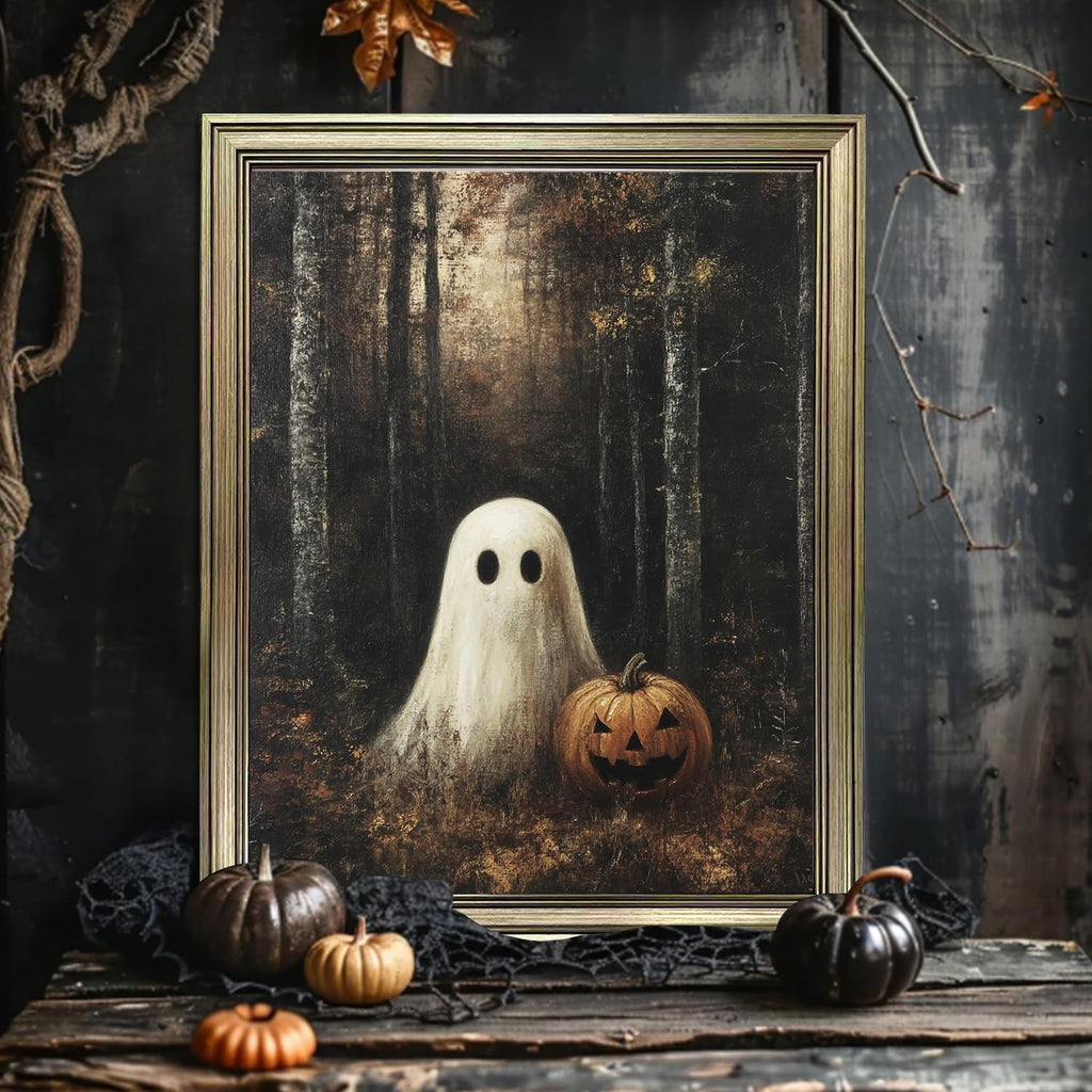 Framed Vintage Halloween Painting Dark Forest With Ghosts Wall Art Rustic Farmhouse Canvas Print Farmhouse Picture