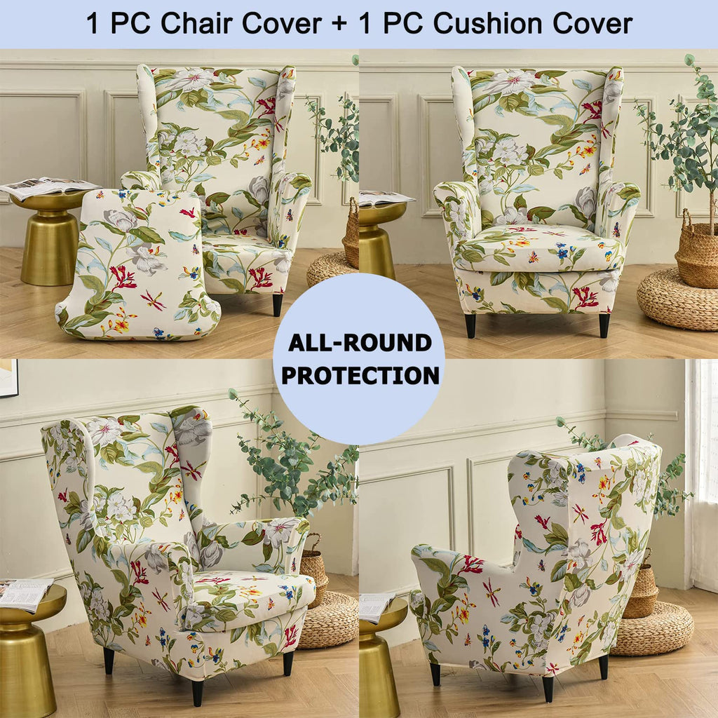 Wingback Chair Slipcover 2 Piece Stretch Printed Wing Chair Cover with Cushion Cover Thick Spandex Full Protection