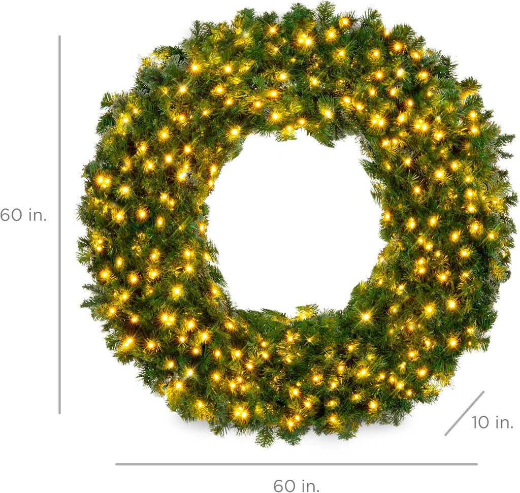 60in Large Artificial Pre-Lit Fir Christmas Wreath Holiday Accent Decoration w/ 300 LED Lights, 930 PVC Tips