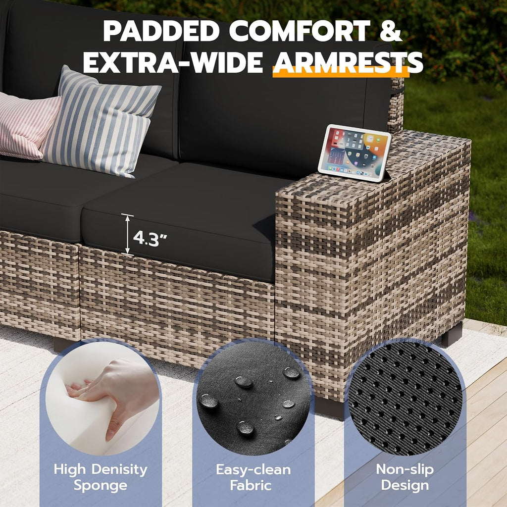 Patio Furniture Set, 6 Piece Outdoor Sectional Sofa with Thick Cushions | Wicker Rattan Wide Armrest Patio Sectional