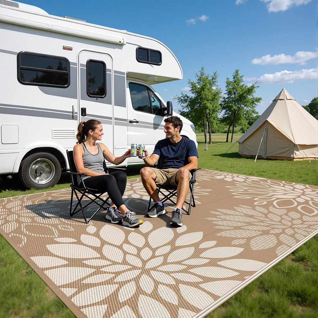 Waterproof Outdoor Rug 9x12 for Patios, Floral Reversible Plastic Straw Rug Patio Mat, Indoor Outdoo