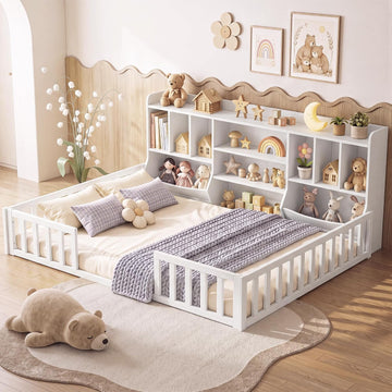 Floor Bed for Kids, Wooden Montessori Bed Frame with Bookcase, Storage Shelves & Safety Fence Rails, Floor Beds