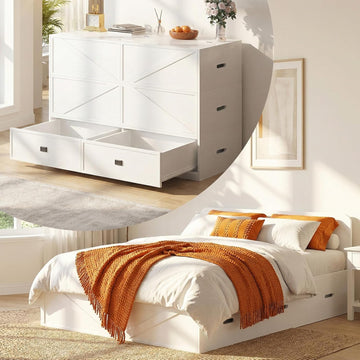 Murphy Bed Queen with Mattress Include，Queen Murphy Bed with Storage Drawers，Multi-Functional Desgin that Converts to