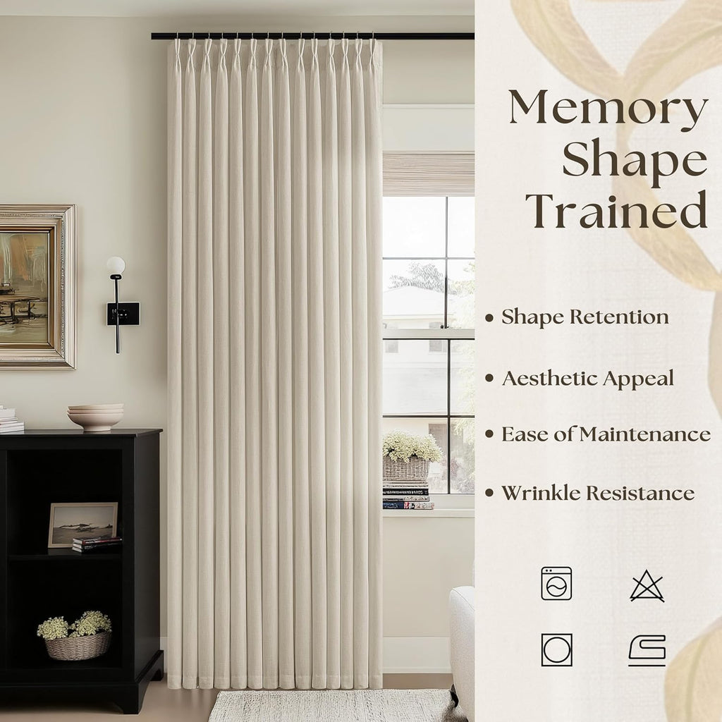 Neutral Linen Curtains 102 Inch Long Pinch Pleated 2 Panels for Living Room Light Filtering Semi Sheer Pinch Pleat