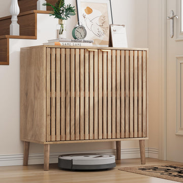 Freestanding Shoe Storage Cabinet with Fluted Slatted Doors, Wooden Hidden Shoe Organizer, Closed Shoe Rack Foyer
