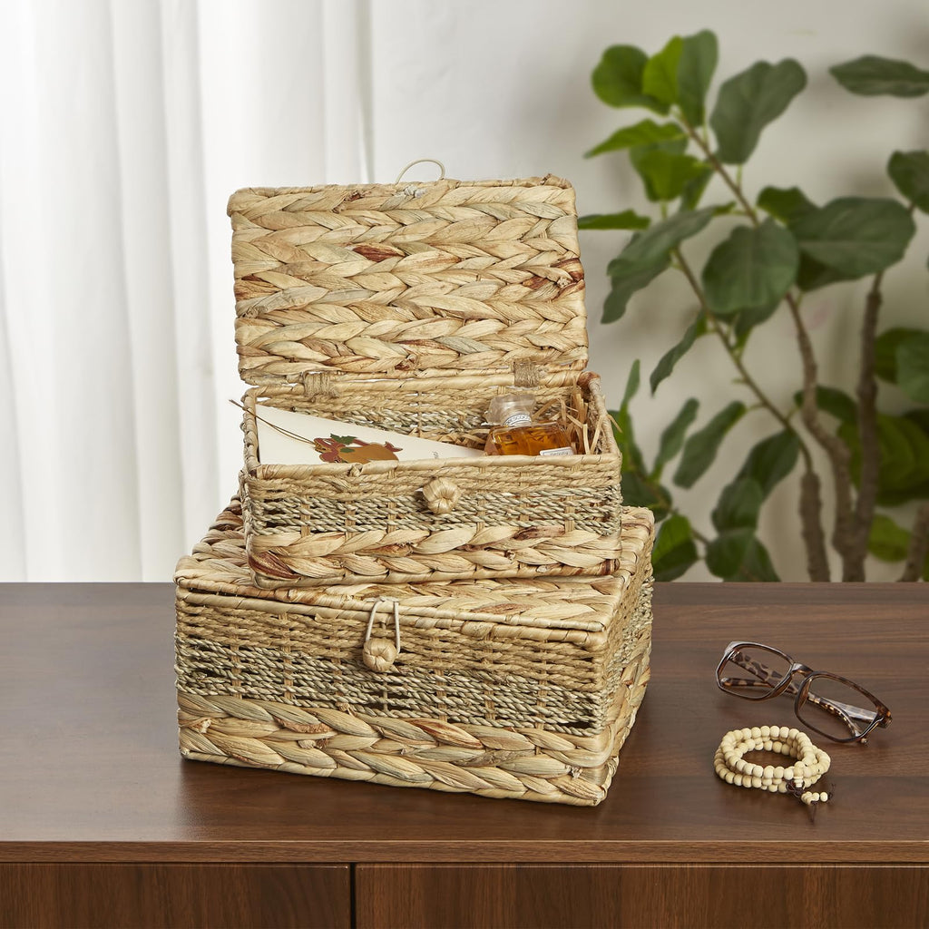 2PCS Wicker Storage Baskets with Lids Decorative Rattan Boxes