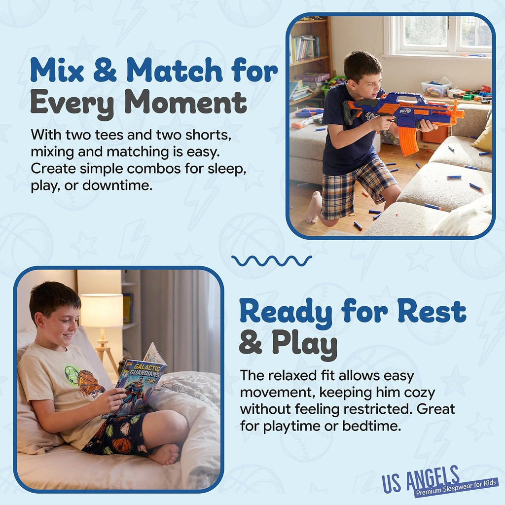 Pajamas Set for Boys, Piece Set, Short Sleeve Shirt with Pajama Shorts