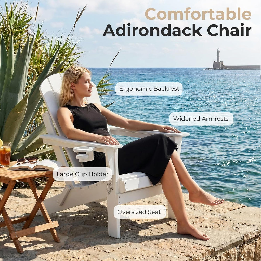 HDPE Adirondack Chair, Folding Outdoor Patio Chair with Cup Holder, Weather Resistant Wood Grain Lawn Chair for