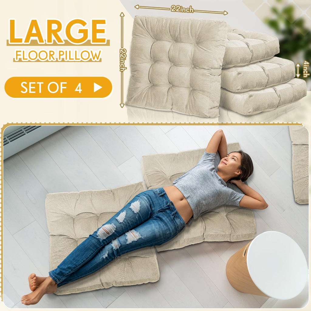 4 Pcs Beige Large Floor Pillow Cushion, Square 22 x 22