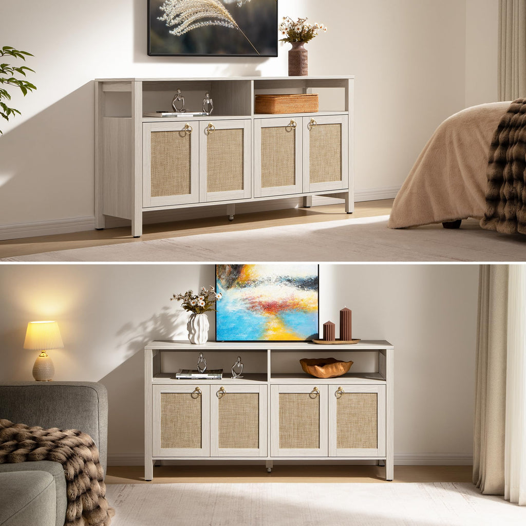 Large Boho Rattan TV Stand Entertainment Center Cabinet for 120" TV
