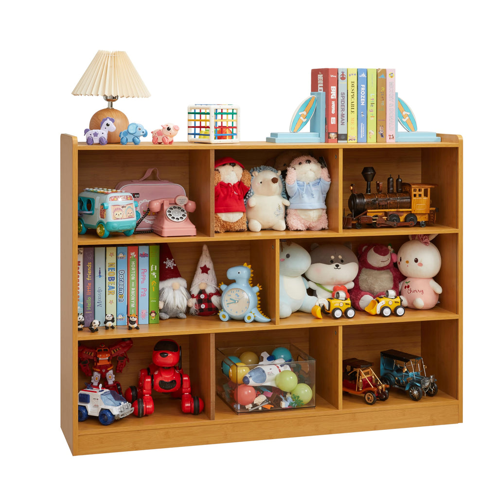 3-Tier Bookshelf, 8-Section Wooden Bookcase, Storage Organizer with Anti-Tilt Device, Modern Storage Display Cabinet