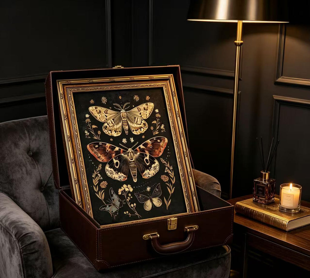 Vintage Gold Framed Wall Art, Retro Moth Framed Wall Art, Dark Botanical Butterfly Canvas Print, Gothic Floral Wall