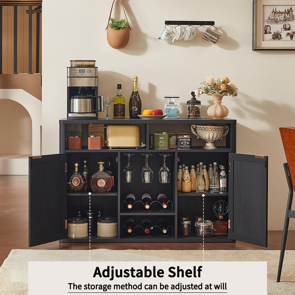 Rattan Wine Bar Cabinet with Storage, Black