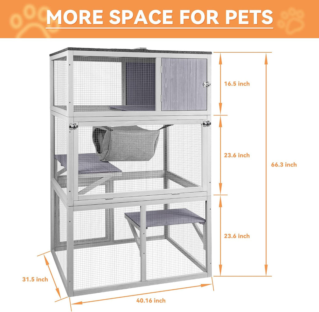 Catio Wooden Outdoor Cat Enclosure with Asphalt Roof, 3 Floors Cat House, Indoor Large Kitten playpen with Hammock &
