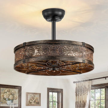 20" Caged Farmhouse Victorian Ceiling Fan with Light, Black Gold