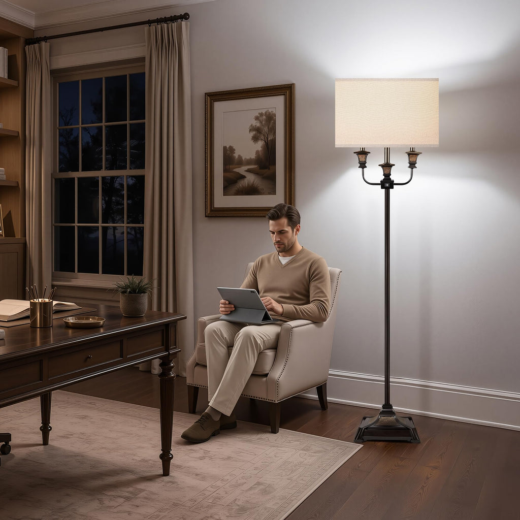 Dual Head Floor Lamp with Remote, Antique Brown