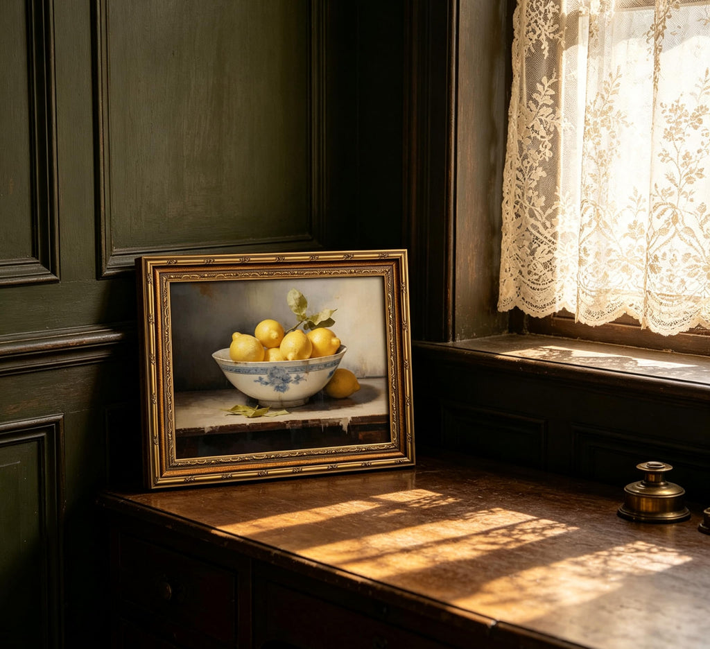 Vintage Gold Framed Kitchen Wall Art Retro Rustic Farmhouse Painting Canvas Picture Wall Decor Yellow Lemon Still