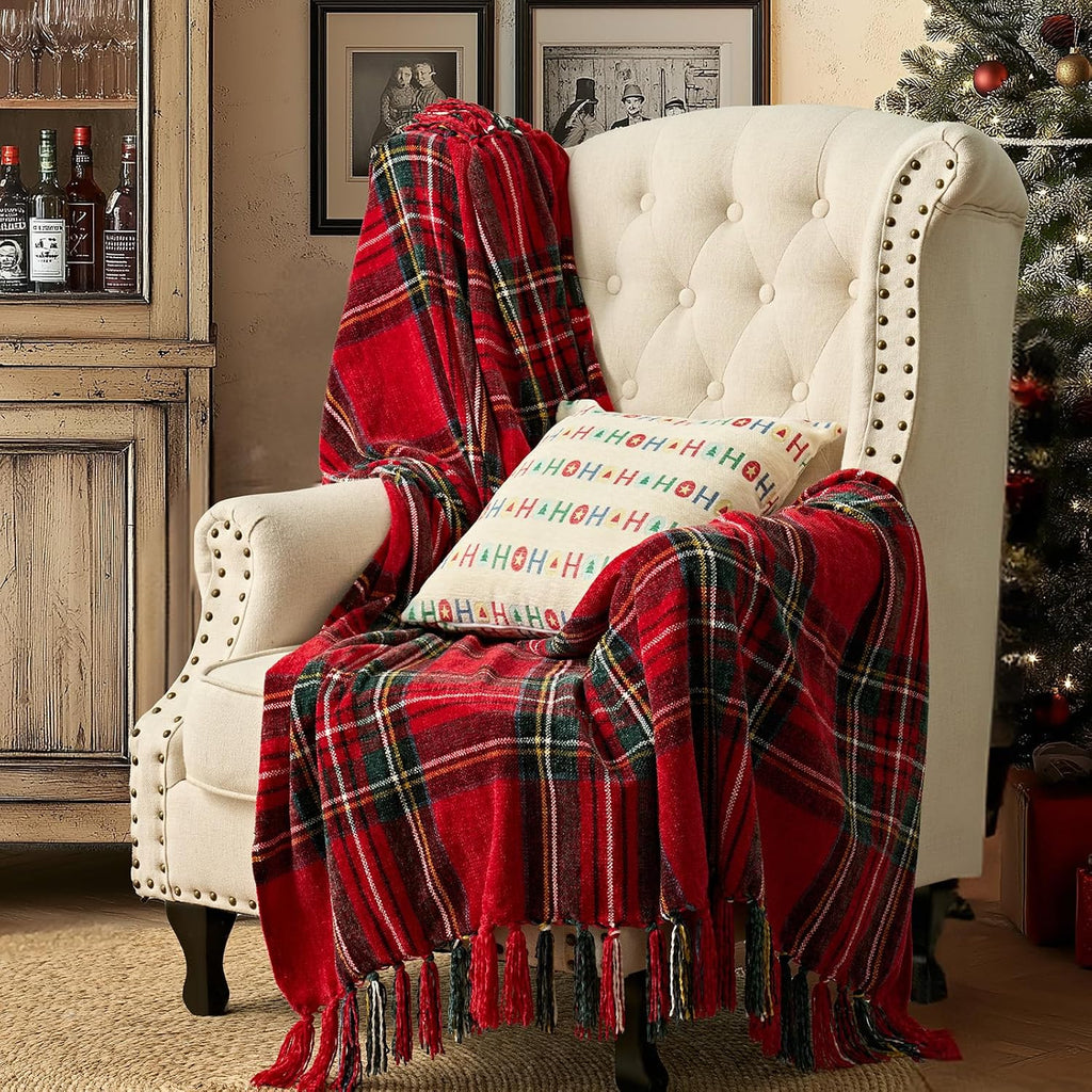 Chenille Christmas Throw Blanket, 50"x60", Red Stewart Plaid