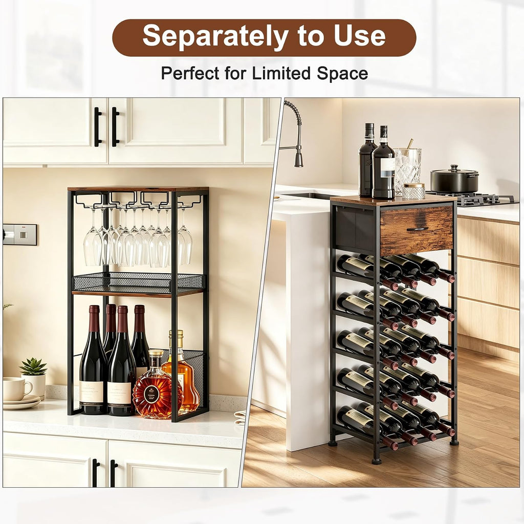 7-Tier Wine Rack Freestanding Floor Liquor Cabinet Bar | 2-in-1 Modular Split, 40 Bottles Display Shelf, Wooden Wine