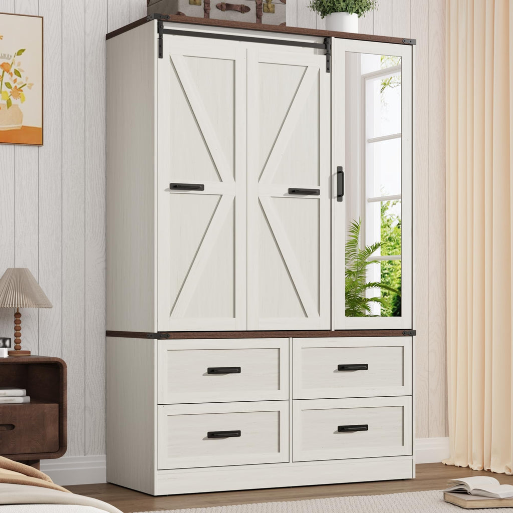 Farmhouse 3-Door Armoire Closet w/Mirror & LED, Antique White