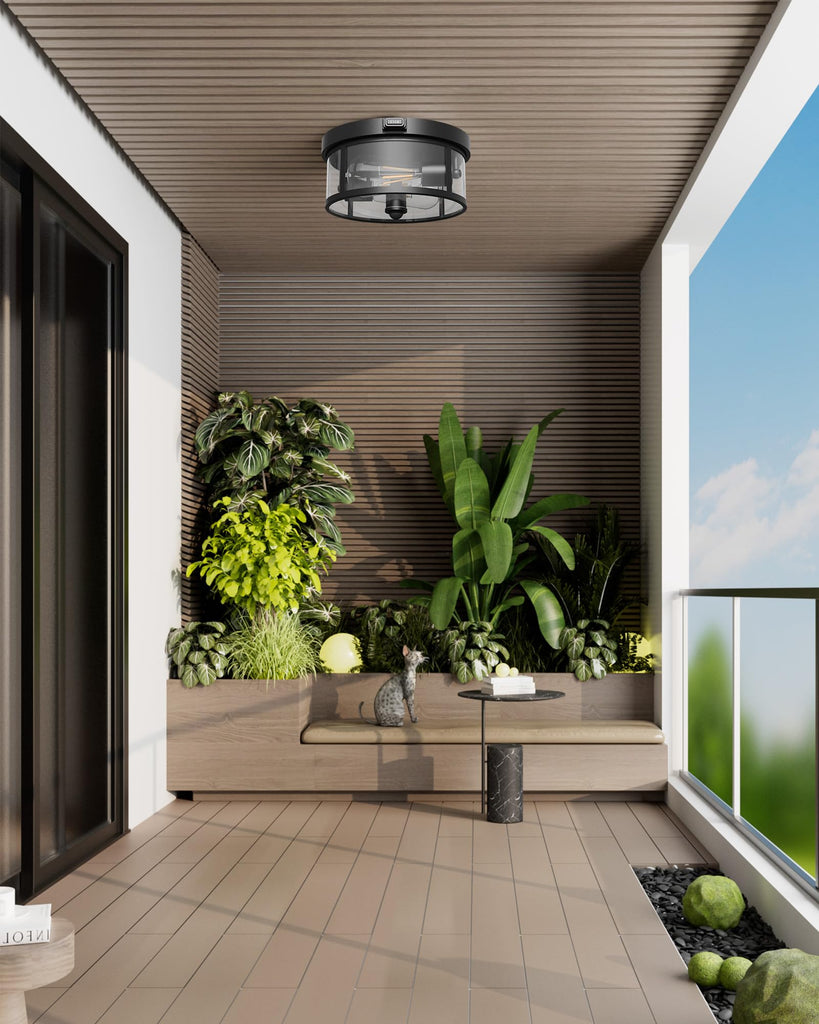 Outdoor Ceiling Light with Motion Sensor 9.3in - Porch Lights Outdoor, E26 Base, Flush Mount, 360° Detection, 3 Modes