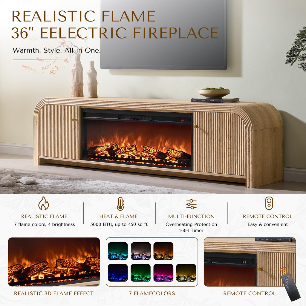 70" Fluted Fireplace TV Stand with Rounded Corner, Natural Oak