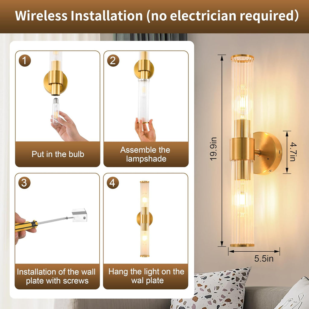 Gold Battery Operated Wall Sconces Set of Two, Rechargeable Wall Sconce with Dimmable Remote Control, 20 Inch