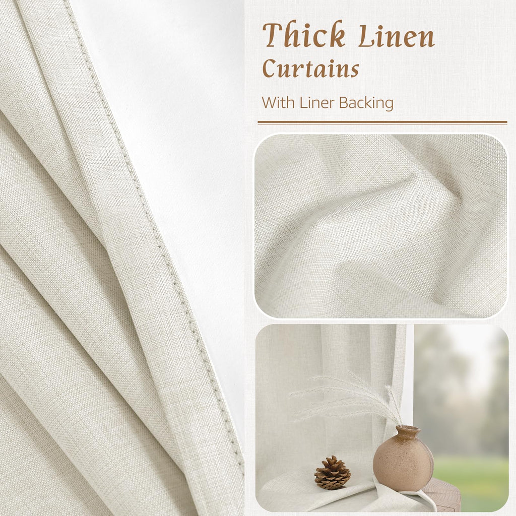 100% Blackout Natural Linen Bedroom Curtains 63 Inches Long, Ivory