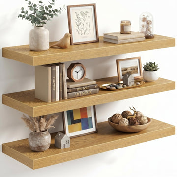 30 Inch Floating Shelves for Wall, Oak Wood Wall Mounted Shelf with Invisible Bracket, 10 Inch Deep Large Shelves
