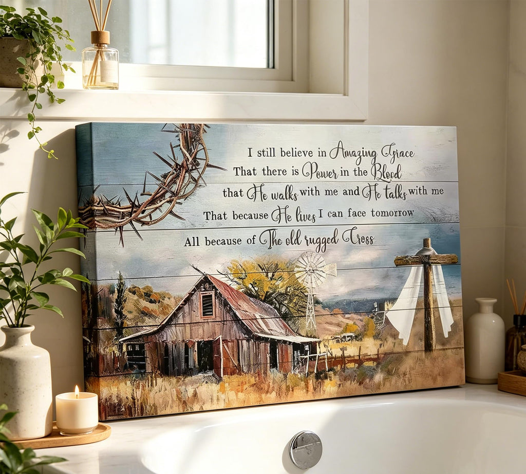 The Old Rugged Cross Canvas Wall Art, Religious Hymn Painting Picture Wall Decor, Vintage Barn Windmill Poster Print