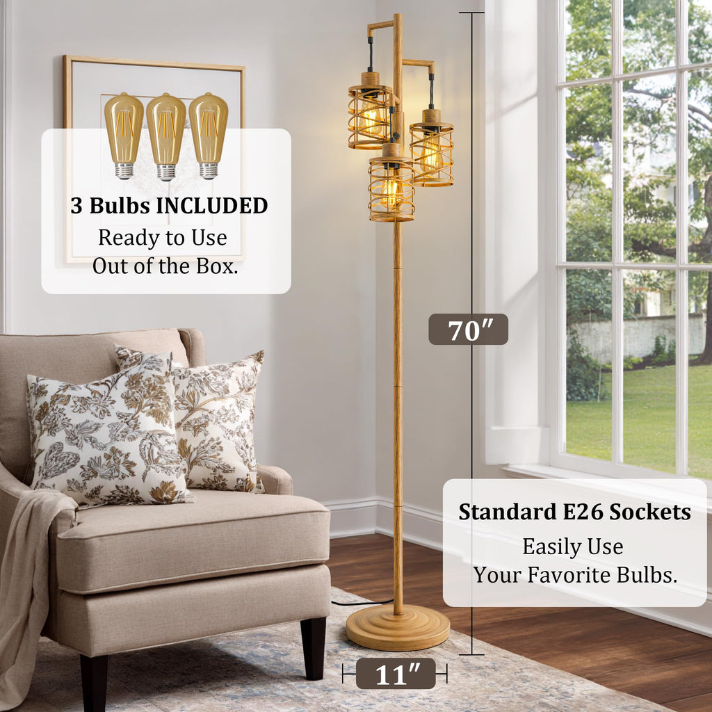 70" Farmhouse Dimmable Tree Floor Lamp, Rustic Floor Lamp