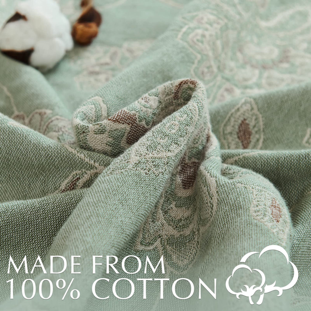 100% Cotton Muslin Blanket Twin Boho Blanket 50x60 Green/Beige