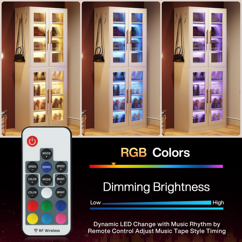 Tall Shoe Storage Cabinet with Acrylic Doors and LED Lights, 8-Tier Entryway Shoe Organizer Rack with Adjustable