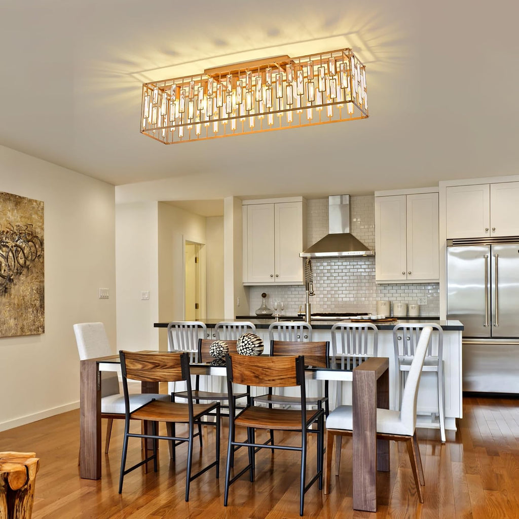 38.7 inch Gold Crystal Chandelier for Living Room, 6-Light Rectangle Flush Mount Ceiling Light Modern Chandeliers for