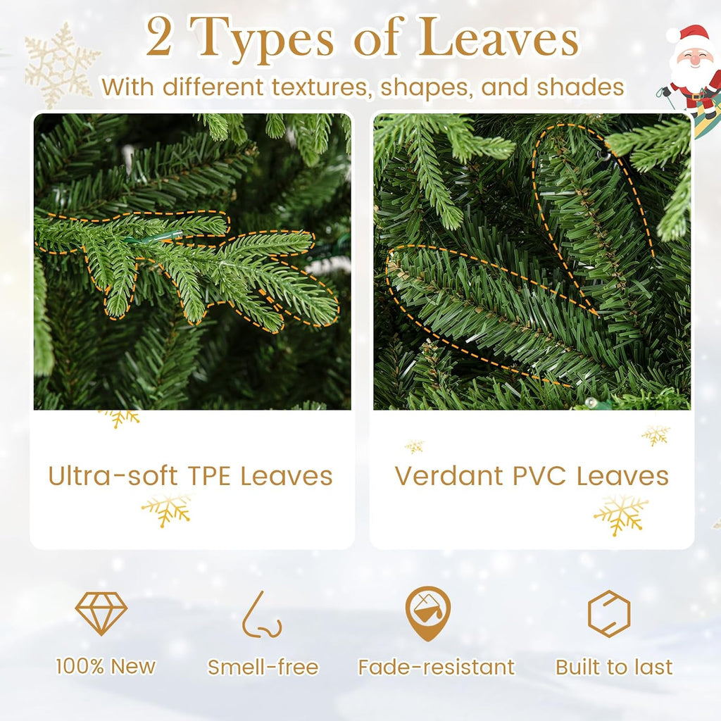 7 FT Pre-Lit Artificial Christmas Tree, Hinged Full Xmas Tree with 1090 PVC & Soft TPE Branch Tips, 370 Warm White