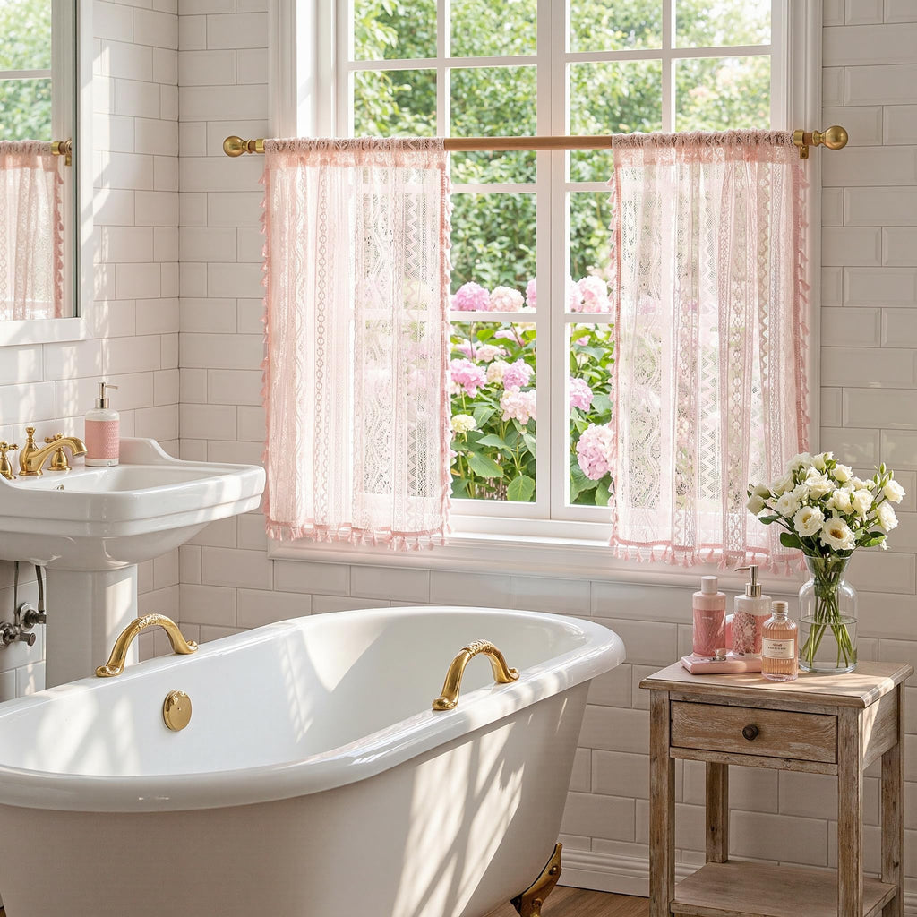 Pink Lace Tier Curtains 36 Inch Length 2 Panels Kitchen Cafe Sheer Short Boho Half Country Rod Pocket Curtains for
